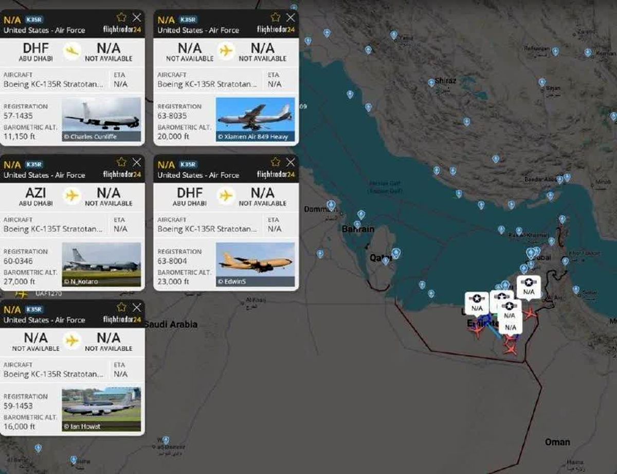 فوری/ چندین هواپیمای سوخت‌رسان KC-135 نیروی هوایی ایالات متحده، دقایقی قبل از امارات متحده عربی برخاستند